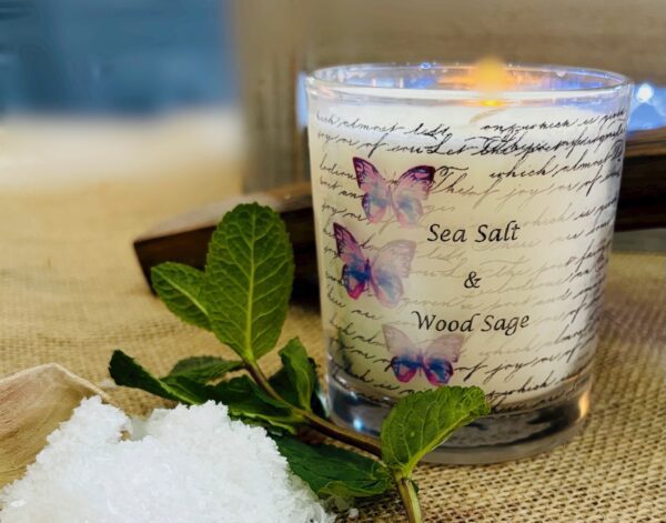 Sea salt and wood sage scented candle